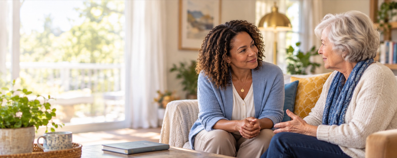 A provider listening to an older woman during a visit in her living room