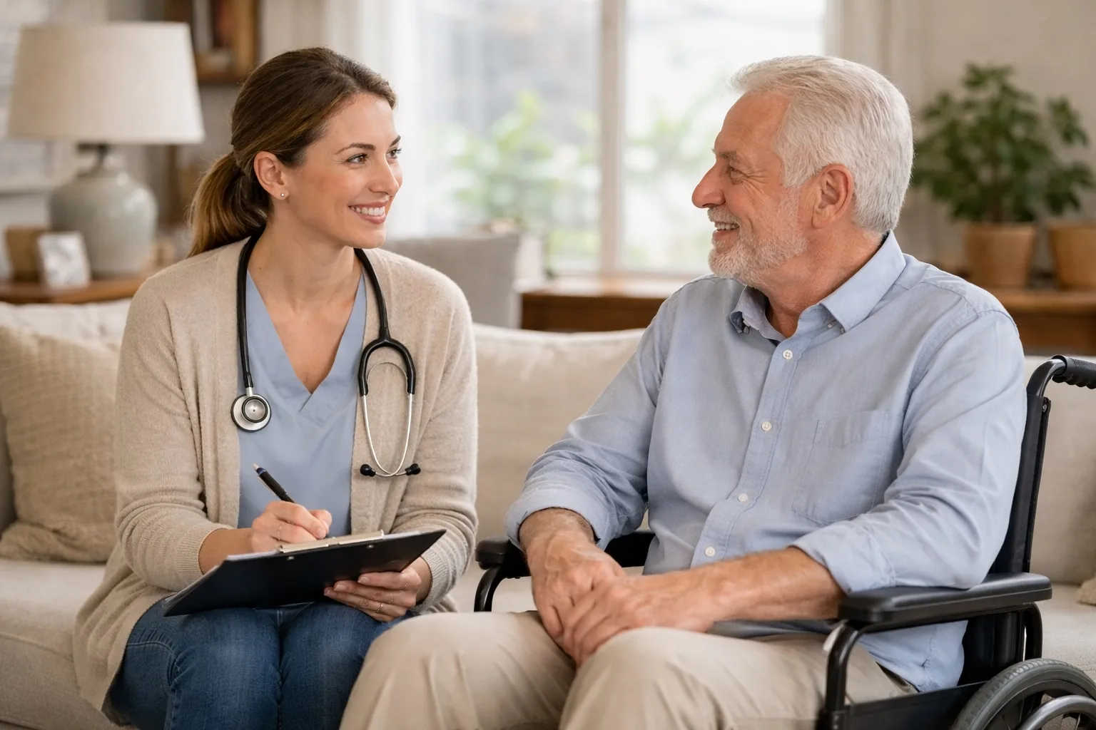 A provider takes notes while talking with an older man in a wheelchair in his living room