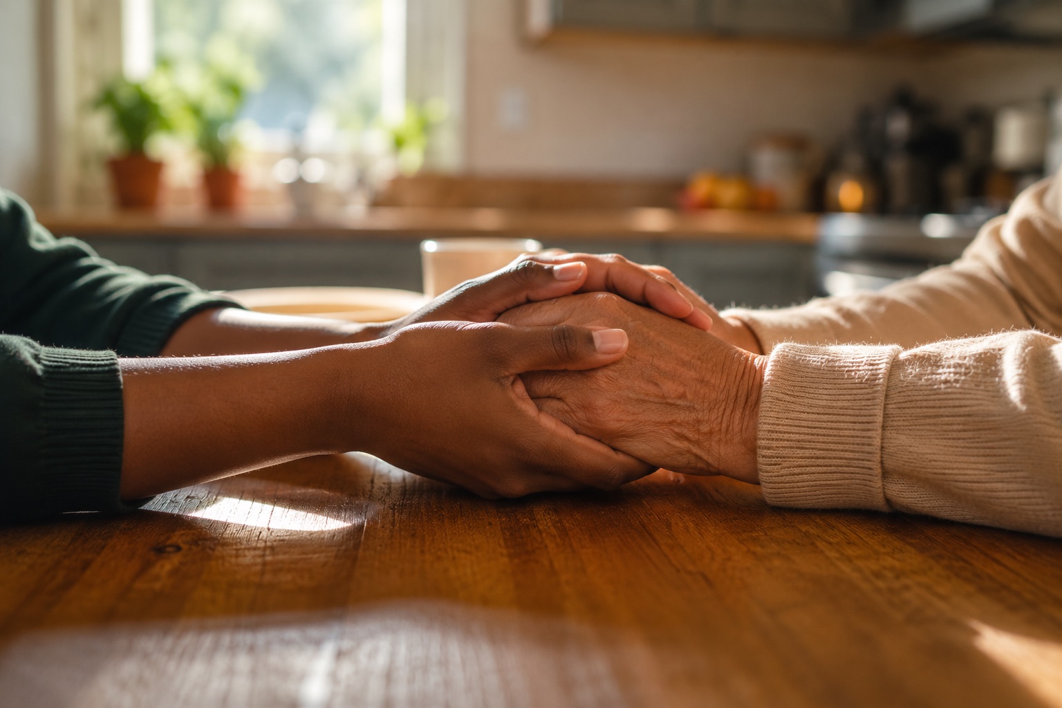 A caregiver holding a patient's hands