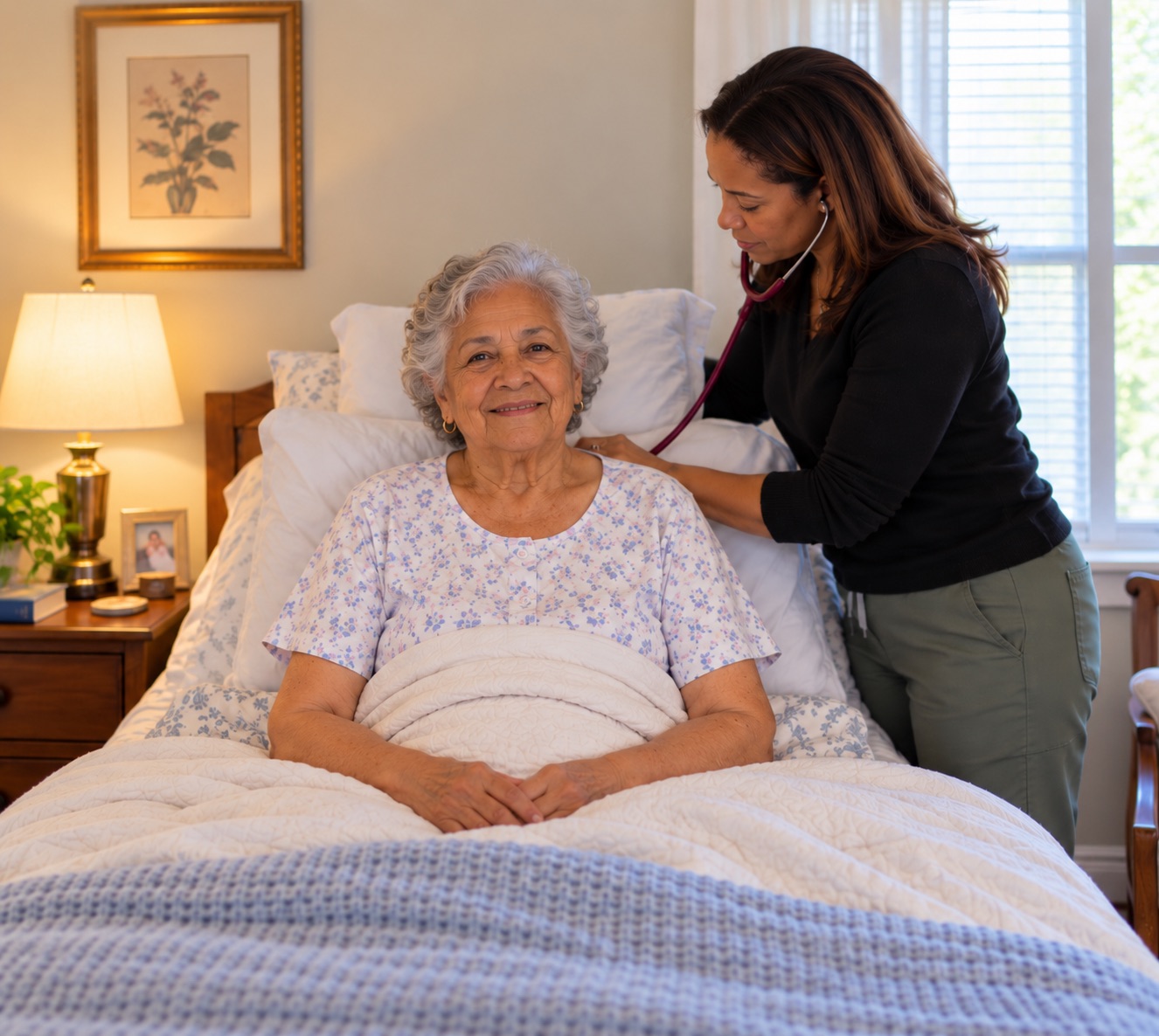 A provider listens to an older woman's heart with a stethoscope as she rests in bed at home