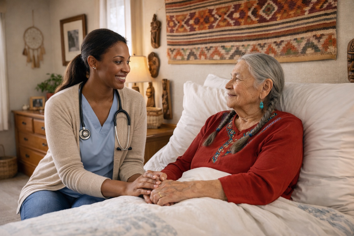 Esenga Health clinician speaking with a patient in a home setting